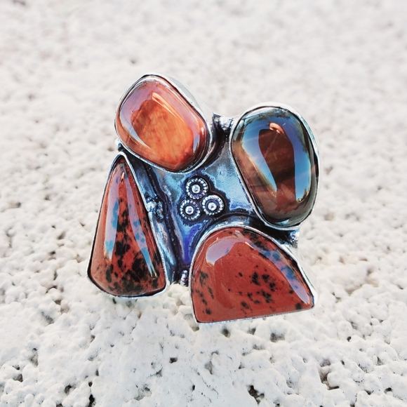 New Tiger Eye & Mahogany Obsidian 925 Silver Ring. - Picture 5 of 15